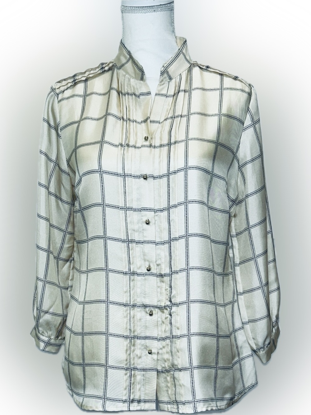 Elizabeth McKay Silk Windowpane Blouse Gold Ball Buttons Cream Black Size 6